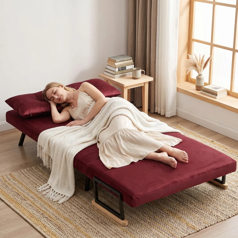 HOMCOM Divano Letto 3 in 1 in Tessuto Effetto Velluto con Schienale Regolabile e 2 Cuscini, 102x73x81 cm, Rosso Vino