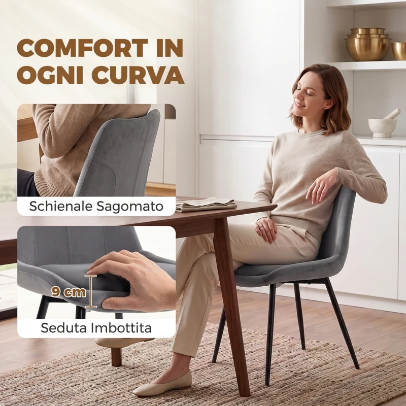 HOMCOM Set 2 Sedie da Pranzo in Velluto con Cuscino di Seduta, Grigio Scuro