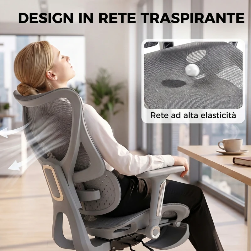 HOMCOM Sedia da Ufficio Ergonomica con Poggiapiedi e Rete Traspirante, Grigio