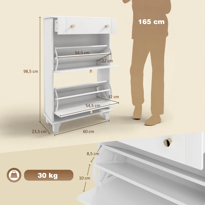 HOMCOM Mueble Zapatero Blanco Zapatero Estrecho con 2 Puertas Abatibles y 1 Cajón para 8-10 Pares de Zapatos 60x23,5x98,5 cm