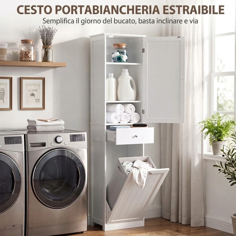 HOMCOM Mobile Bagno a Colonna 180 cm con Cesto Portabiancheria Ribaltabile, Bianco