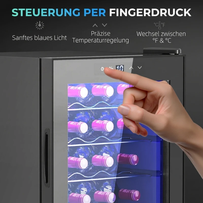 HOMCOM Kleine wijnkoelkast, mini-koelkast voor 20 flessen, 53 liter capaciteit, met glazen deur, LED-verlichting, zwart(m-7)