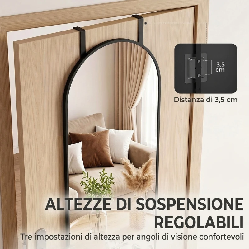 HOMCOM Specchio da Parete e Porta con Cornice in Alluminio ad Arco e Ganci, 110x40 cm, Nero