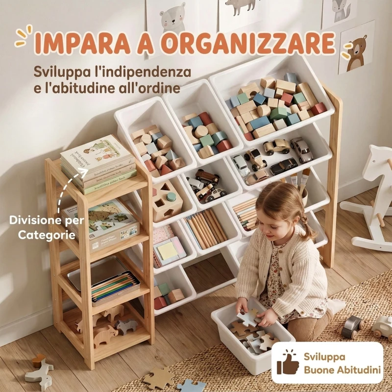 AIYAPLAY Mobile Portagiochi Con 12 Contenitori e 3 Mensole, Legno Naturale Bianco