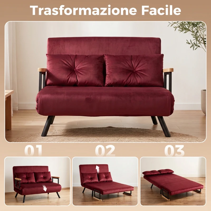 HOMCOM Divano Letto 3 in 1 in Tessuto Effetto Velluto con Schienale Regolabile e 2 Cuscini, 102x73x81 cm, Rosso Vino