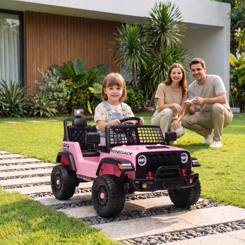 AIYAPLAY Fuoristrada Elettrica per Bambini 12V, Batteria al Litio, 2 Motori, Sospensioni, Telecomando, 2-4 Anni, Rosa