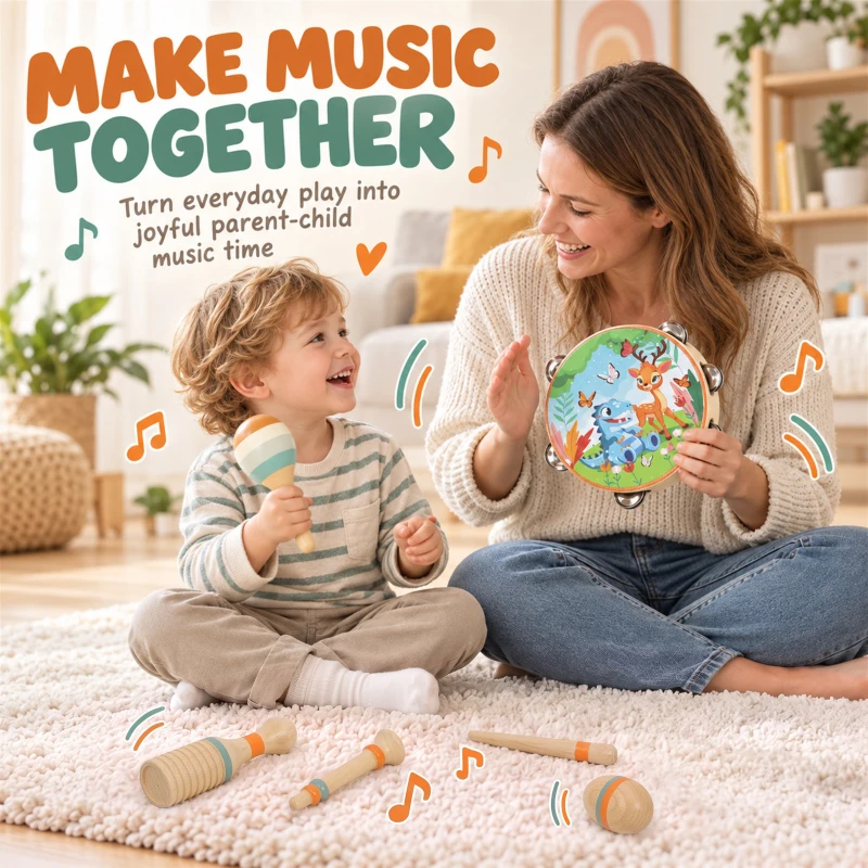 AIYAPLAY Kids Drum Kit, 14 Pieces Wooden Kids Musical Instruments Set with Tone Block, Maracas, Triangle, Xylophone for Toddlers