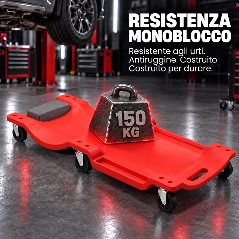 HOMCOM Carrello Sottoscocca Officina, Ribassato, Poggiatesta Imbottito, 2 Vassoi, 150 kg, Rosso