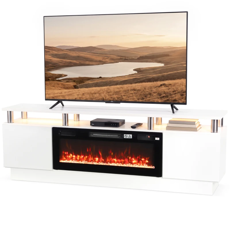 HOMCOM Electric Fireplace TV Stand for 80" TVs, 1800W LED Light Entertainment Center with Adjustable Flame, Remote, White
