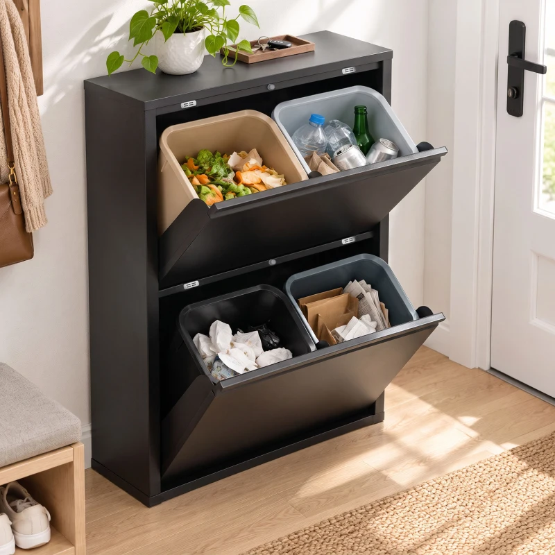 HOMCOM Szafka na śmieci 60 l z uchylnymi klapkami, 4-komorowy kosz do recyklingu, wąski, Soft-Close, wyjmowane wkłady, czarny