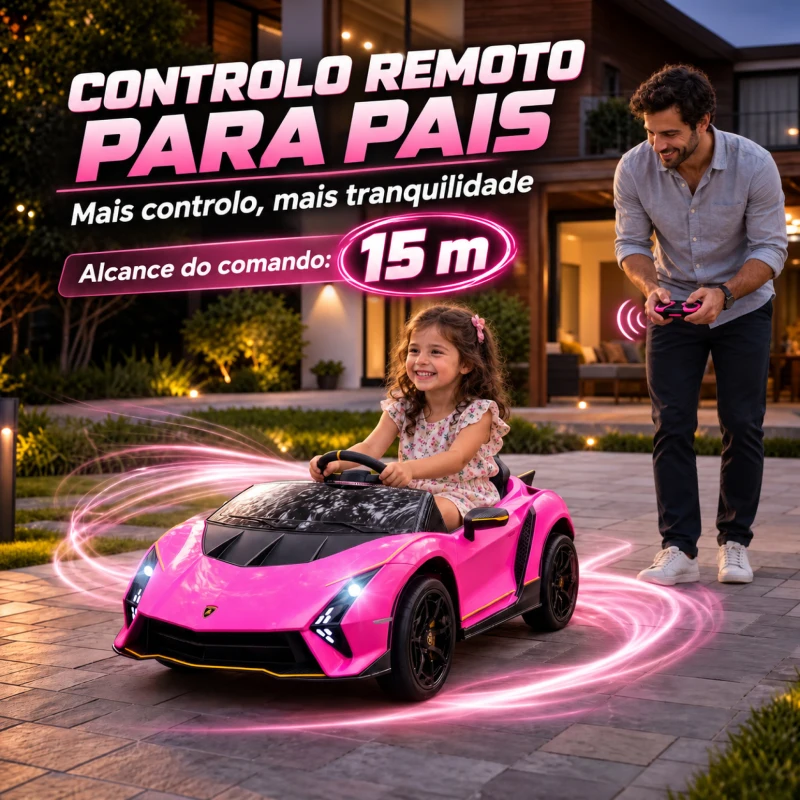 AIYAPLAY Carro Elétrico para Crianças Lamborghini 12V Controlo Remoto Faróis Buzina Arranque Lento e Música MP3 114,5x64x45,5 cm Rosa