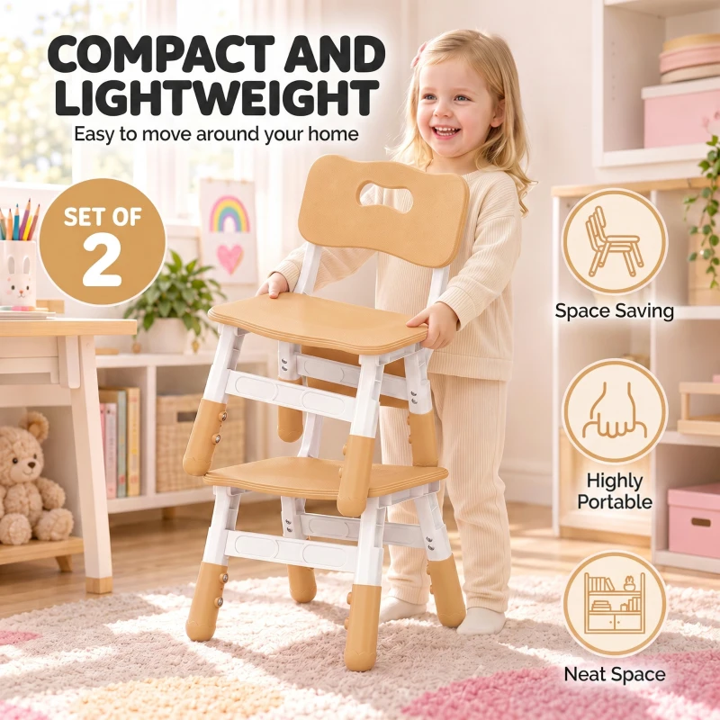 AIYAPLAY 2 PCS Kids Desk Chairs, 3 Level Height Adjustable Children's Chairs with Backrest for 1.5-8 Years, Max Load 50KG, Brown