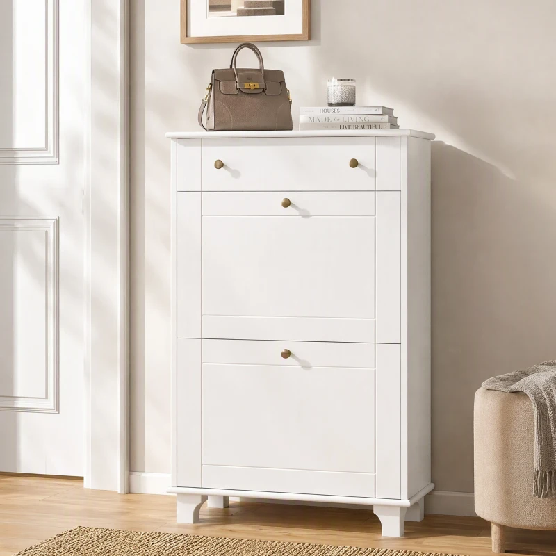 HOMCOM Meuble chaussure entrée étroit avec tiroirs à portes abattants et étagère réglable, 60 x 23,5 x 98,5 cm, blanc