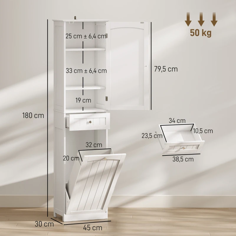 HOMCOM Mobile Bagno a Colonna 180 cm con Cesto Portabiancheria Ribaltabile, Bianco