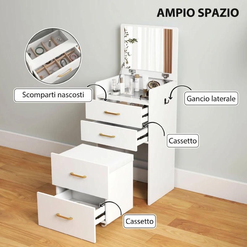 HOMCOM Postazione Trucco 3 in 1 con Specchio a Ribalta, Sgabello a Scomparsa, 3 Cassetti, Piano in Vetro, Bianco