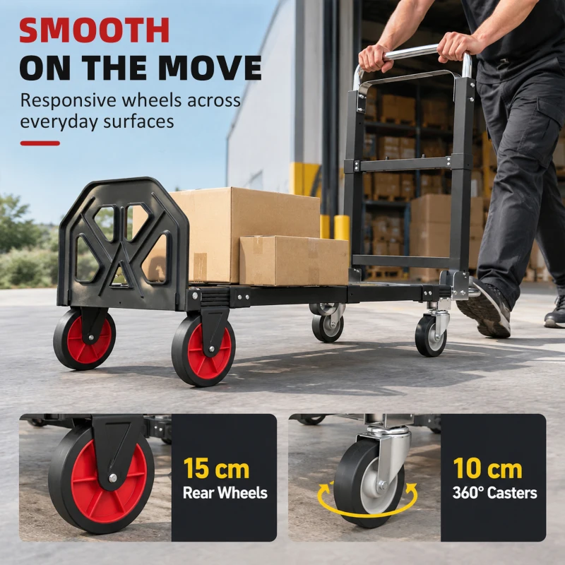 HOMCOM Diable Pliable 2 en 1 Extensible 220KG Pliage Plat Chariot Plateforme Acier Poignée Réglable Roues 360° 112x41x92cm Noir