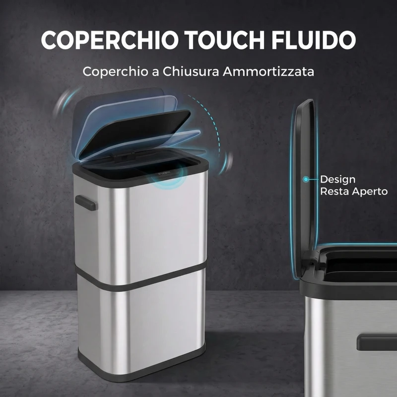 HOMCOM Pattumiera Rettangolare 60L in Acciaio Inox con Coperchio, Chiusura Ammortizzata, Fermasacco, Argento