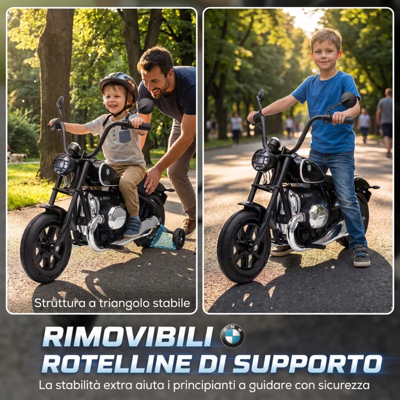 AIYAPLAY Moto Elettrica per Bambini 12V BMW R18, Batteria al Litio, 3-8 Anni, Rotelle Rimovibili, Faro, Musica, Nera