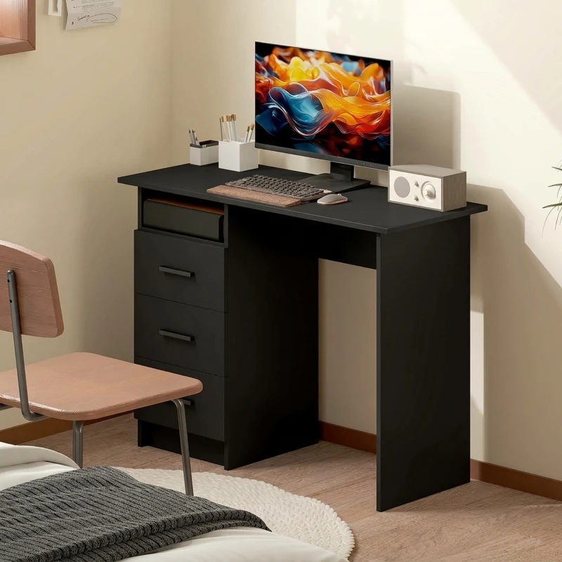 HOMCOM Scrivania Moderna Salvaspazio con 3 Cassetti e Ripiano Aperto, 100x40x75 cm, Nero