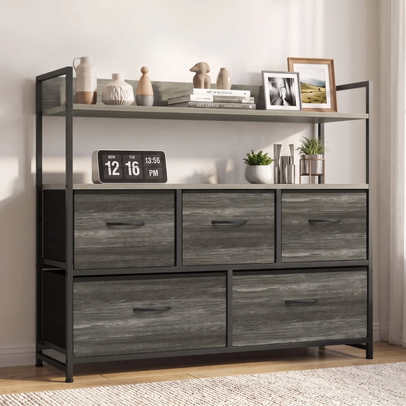 HOMCOM Cajonera de Tela Cómoda de Dormitorio con 5 Cajones y Estantes Estructura de Acero Estilo Industrial Gris