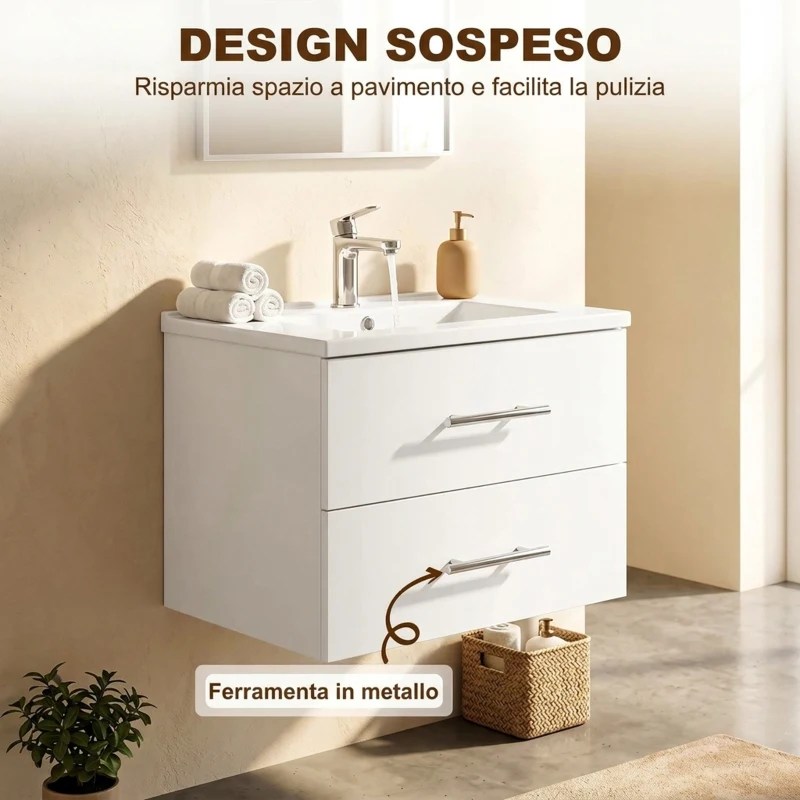 HOMCOM Mobile Bagno con Lavabo in Ceramica e 2 Cassetti, 61x40x48 cm, Bianco