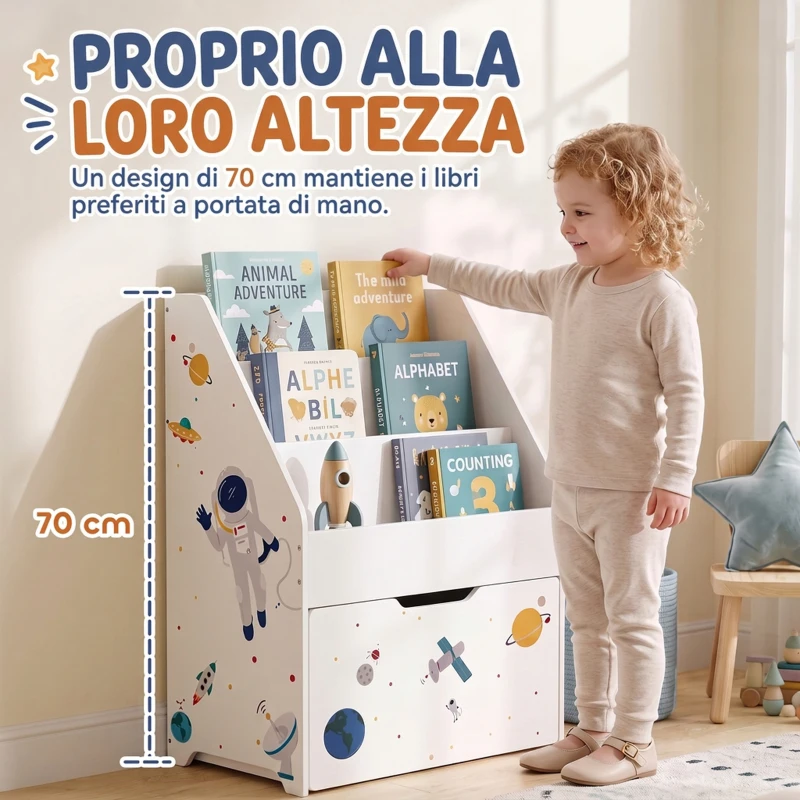 AIYAPLAY Libreria per bambini con cassetto mobile, 3 ripiani, 3-8 anni, bianco