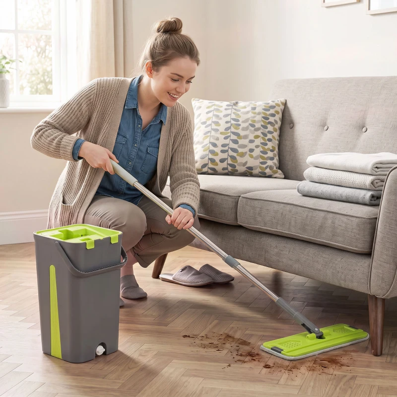 HOMCOM Mop and Bucket Set, Compact Flat Mop System with Wringer, 2 Chambers, 5 Reusable Pads, Dark Grey and Green