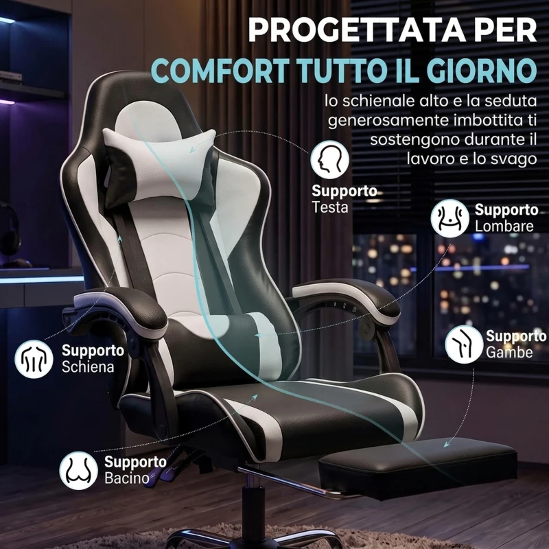 HOMCOM Sedia Gaming Ergonomica Massaggiante con Cuscino Lombare Regolabile, Finta Pelle, Poggiapiedi, Bianco