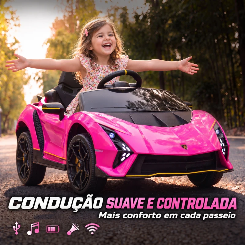 AIYAPLAY Carro Elétrico para Crianças Lamborghini 12V Controlo Remoto Faróis Buzina Arranque Lento e Música MP3 114,5x64x45,5 cm Rosa