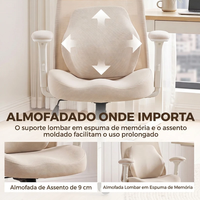 HOMCOM Cadeira de Escritório Ergonómica com Almofada Lombar em Espuma Viscoelástica, Apoio de Cabeça 3D e Apoios de Braços Ajustáveis - Bege