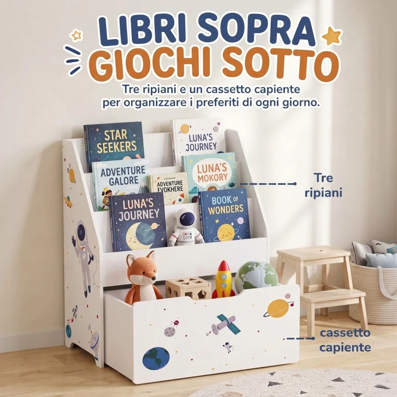AIYAPLAY Libreria per bambini con cassetto mobile, 3 ripiani, 3-8 anni, bianco