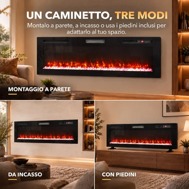 HOMCOM Camino Elettrico da Incasso, Parete e Terra Slim 173 cm con Telecomando, 900/1800W, Timer, 35㎡, Nero