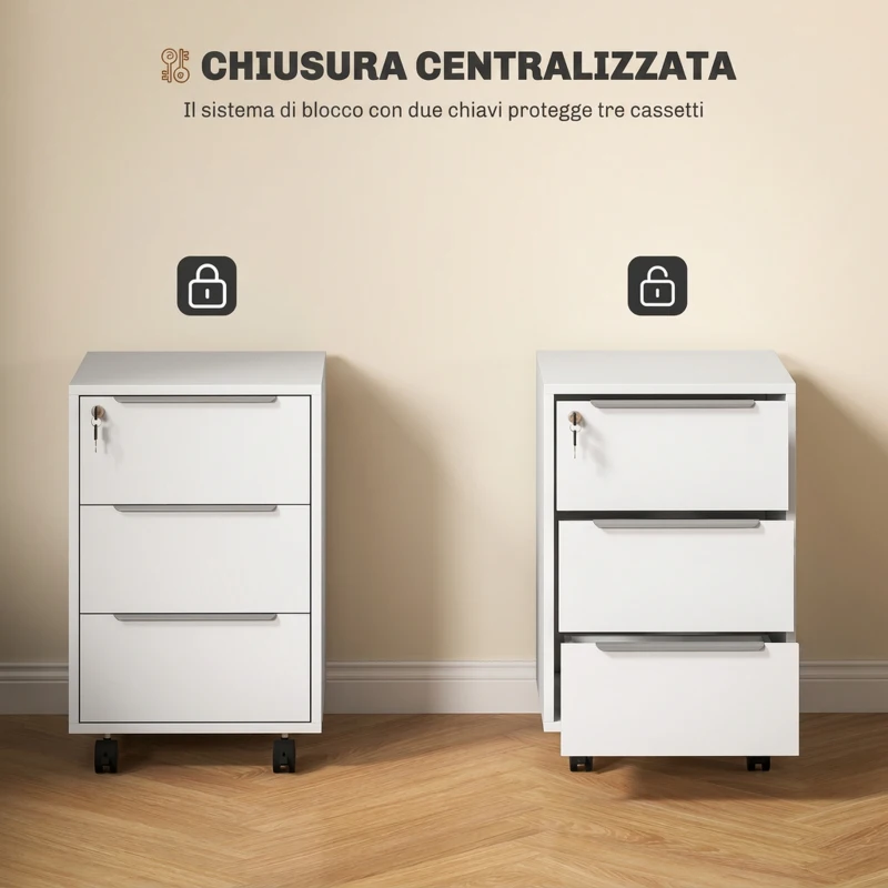 HOMCOM Schedario da Ufficio con 3 Cassetti, 4 Ruote, Cassettiera Ufficio con Serratura e 2 Chiavi, Bianco