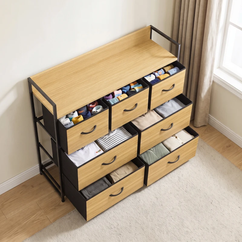 HOMCOM Cajonera de Tela Cómoda de Dormitorio con 7 Cajones Estructura de Acero para Sala de Estar Pasillo Roble