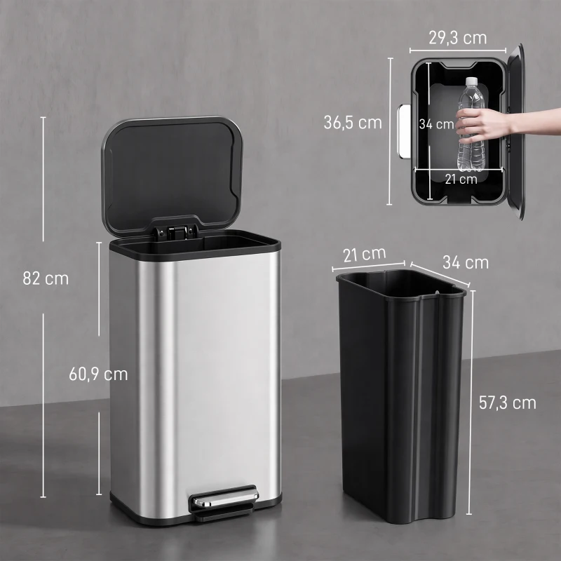 HOMCOM Pattumiera da Cucina 30L in Acciaio Inox, Chiusura Ammortizzata, Secchio Rimovibile, Argento