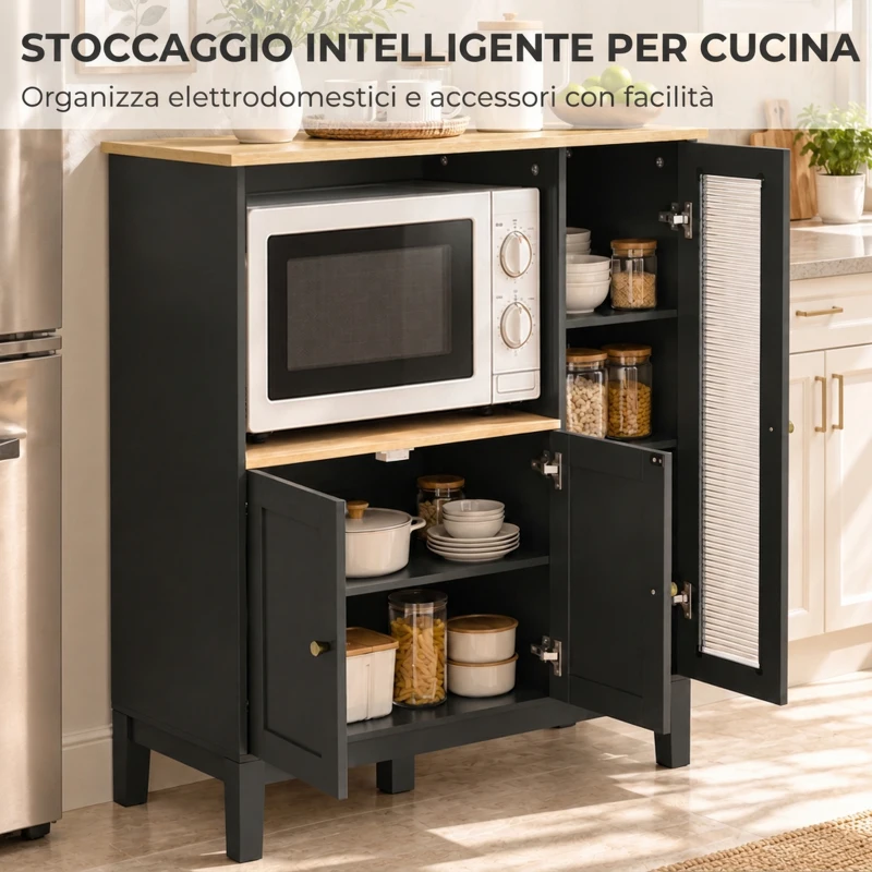 HOMCOM Mobile Microonde con Armadietto Inferiore e 3 Ripiani Laterali con Anta in Vetro, in Legno, 80x35x97 cm, Nero