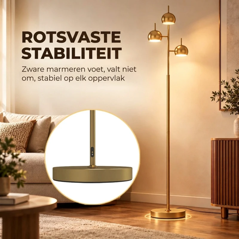 HOMCOM 350° verstelbare vloerlamp voor woonkamer en kantoor, staande lamp met 3 stalen kappen, goudkleurig