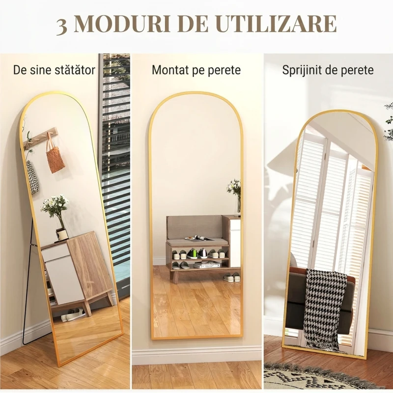 HOMCOM Oglindă Modernă de Podea și Perete din Aliaj de Aluminiu cu Suport Pliabil, 59 x 161,5 cm, Auriu