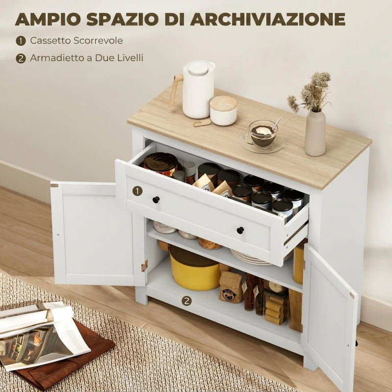 HOMCOM Credenza Cucina, Mobile Cucina con Cassetto, Ripiano Regolabile, Piano di Lavoro Rovere, 78.5x35x80cm, Bianco