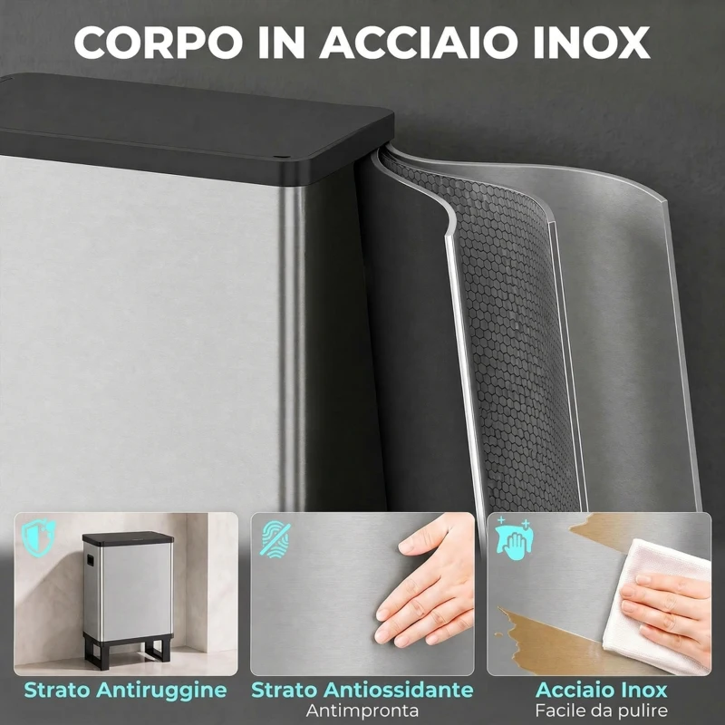 HOMCOM Pattumiera Automatica con Sensore 54L, 3 Scomparti, Secchi Interni Rimovibili, Acciaio Inox, Argento