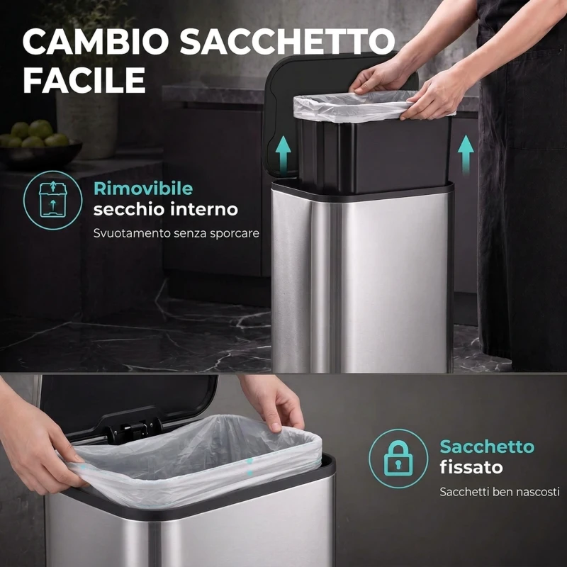 HOMCOM Pattumiera da Cucina 30L in Acciaio Inox, Chiusura Ammortizzata, Secchio Rimovibile, Argento