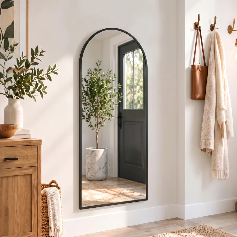 HOMCOM Specchio da Parete e Porta con Cornice in Alluminio ad Arco e Ganci, 110x40 cm, Nero