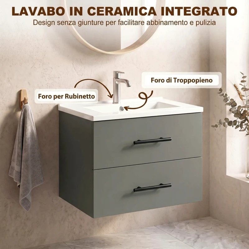 HOMCOM Mobile Bagno con Lavabo in Ceramica e 2 Cassetti, 61x40x48 cm, Verde