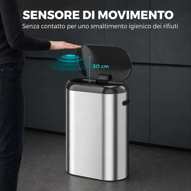 HOMCOM Pattumiera Automatica con Sensore a Infrarossi 50 L in Acciaio Inox Anti-Impronta, Chiusura Ammortizzata, Argento