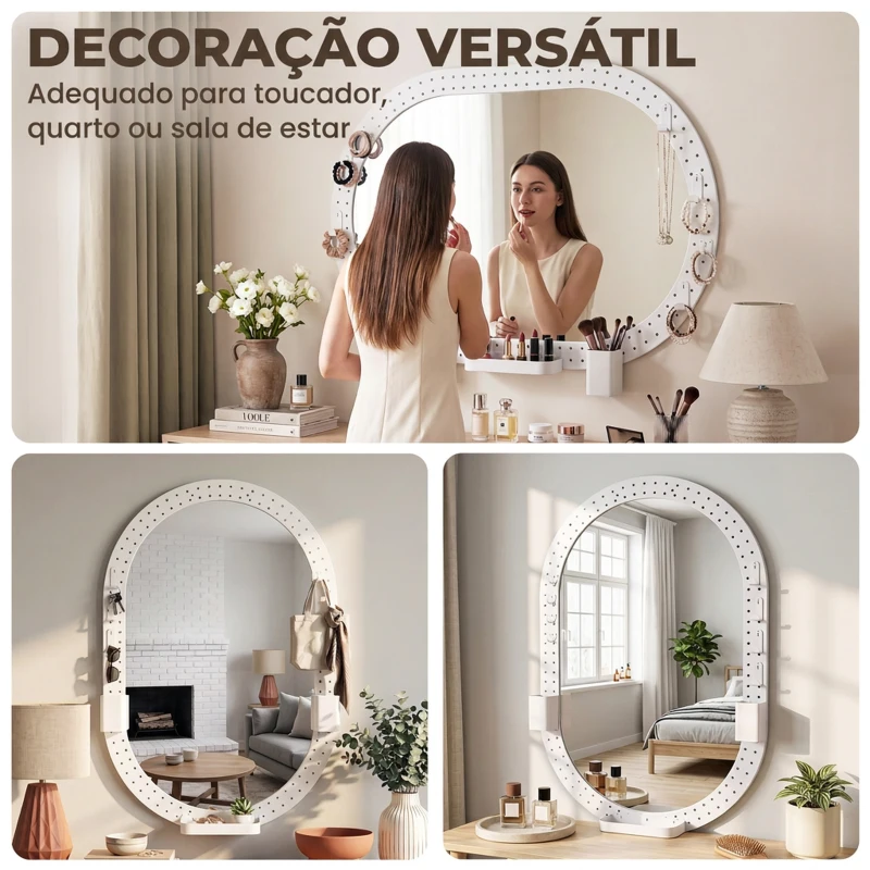 HOMCOM Espelho de Parede Decorativo com Painel Perfurado 90 x 60 cm para Sala e Quarto, Branco