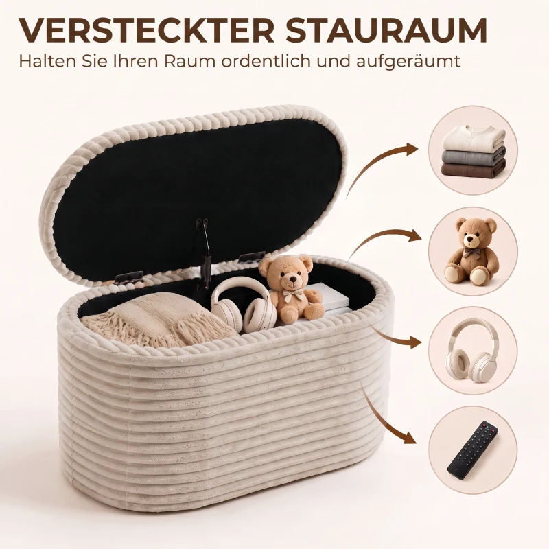HOMCOM Sitzbank mit Stauraum 3-teiliges ineinanderstellbares Cord Truhenbank Hocker Set Beige