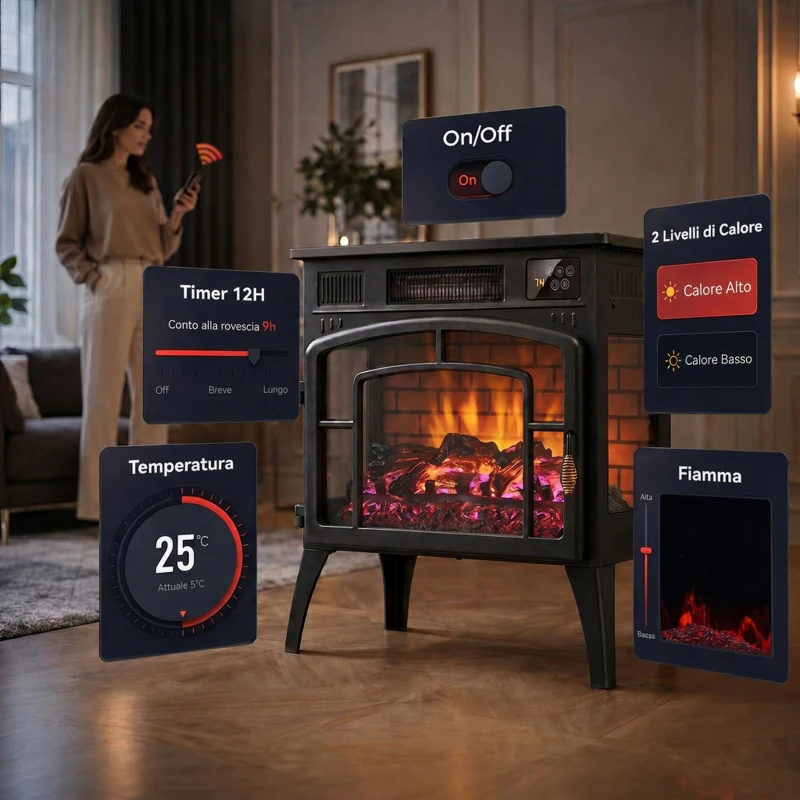 HOMCOM Camino Elettrico da Terra 1000/2000W WiFi Vista su Tre Lati, Fiamma 3D, Termostato Regolabile, Timer, 30㎡, Nero