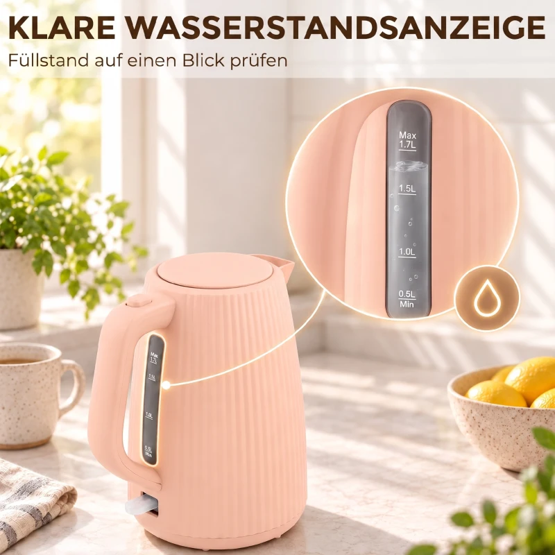HOMCOM Elektryczny czajnik, 1,7 l, funkcja szybkiego gotowania, 2200 W, z wyjmowanym filtrem przeciwosadowym, automatyczne wyłączanie, Różowy