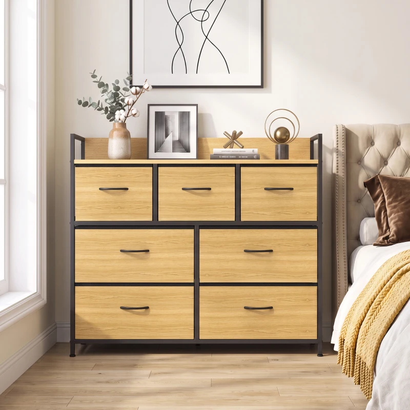 HOMCOM Cajonera de Tela Cómoda de Dormitorio con 7 Cajones Estructura de Acero para Sala de Estar Pasillo Roble