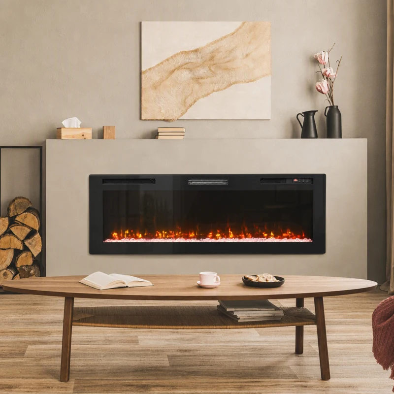 HOMCOM Camino Elettrico da Incasso, Parete e Terra Slim 153 cm con Telecomando, 900/1800W, Timer, 35㎡,Nero